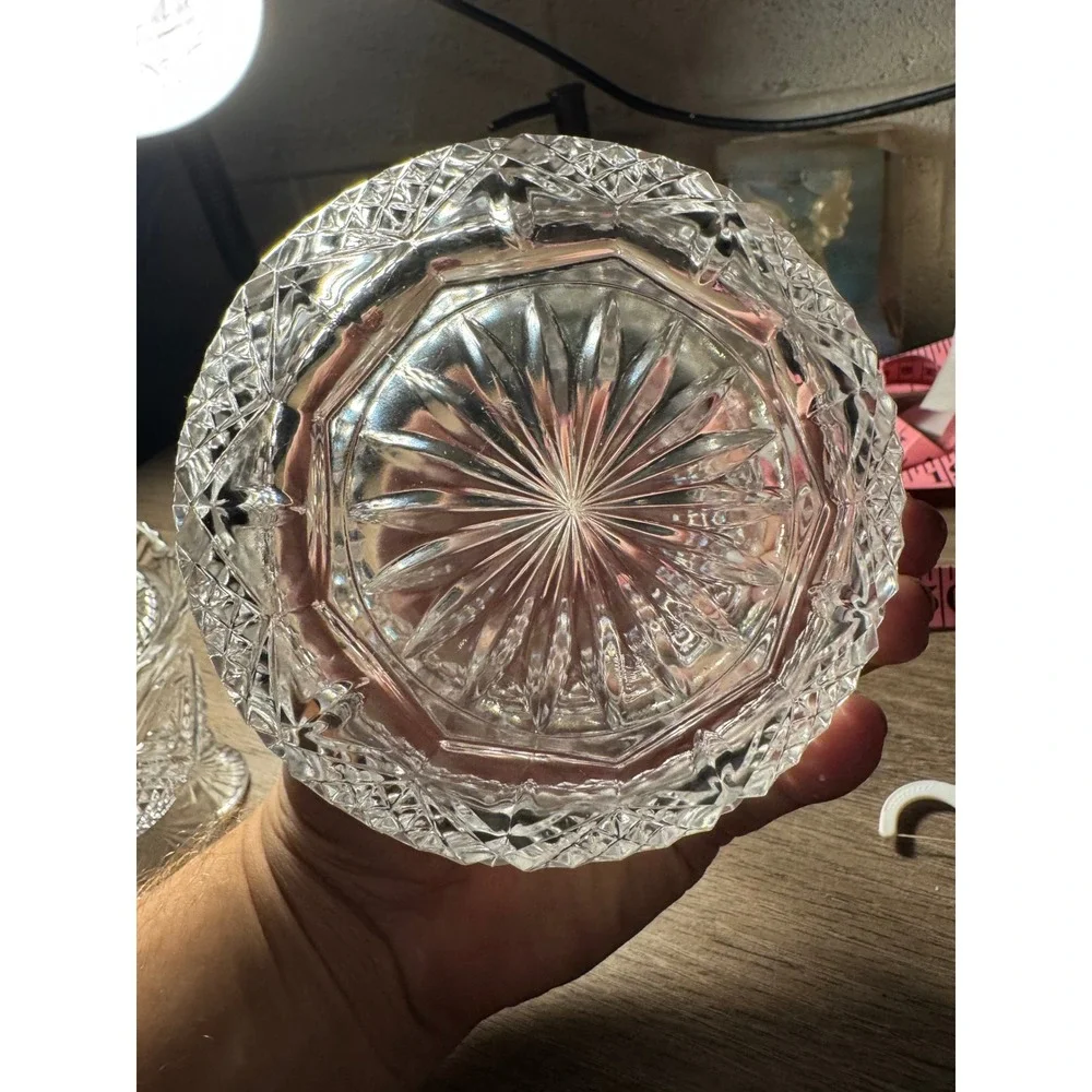 Vintage Crystal Candy Dishes Set of 2 Lidded Glass Bowls Diamond Cut Pattern